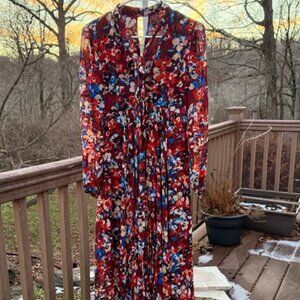 Karen Millen Gorgette Print Midi Dress  Tie Neck with Sheer L/S  Size 4